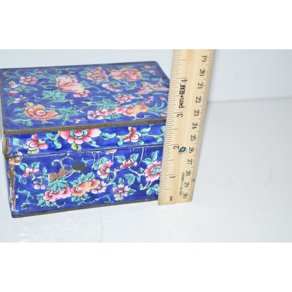 Vtg Chinese Enamel Brass Trinket Box Damaged Blue floral flaws - Picture 6 of 15